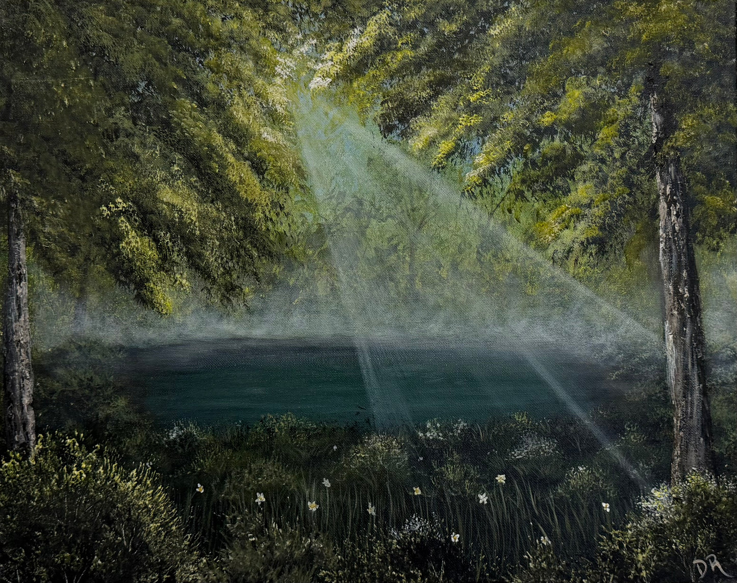 Painting # by Dani from Happily Painted - 16x20" Canvas - Sun Rays through the Forest
