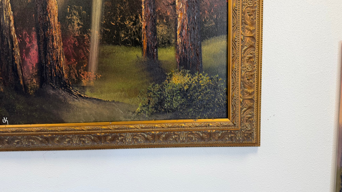 Painting #2521 - 20x24" Gold Framed Canvas - Sunset Forest Landscape painted 7-20-26