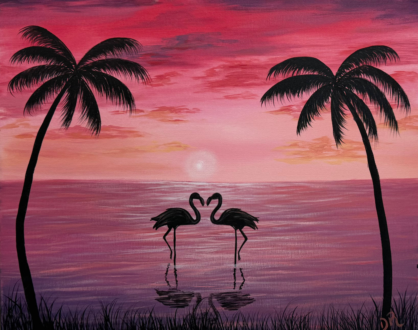 Painting # by Dani from Happily Painted - 16x20" Canvas - Palm Flamingo Seascape