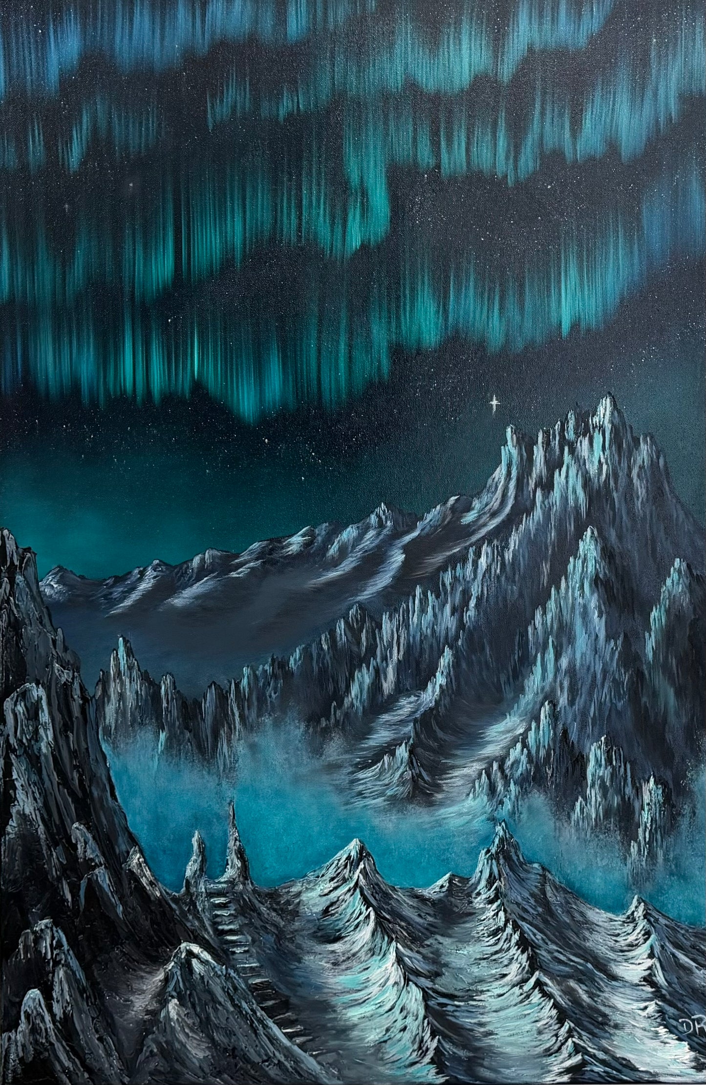 Painting # by Dani from Happily Painted - 24x36" Canvas - Northern Lights Mountain Landscape with Stairs LOTR