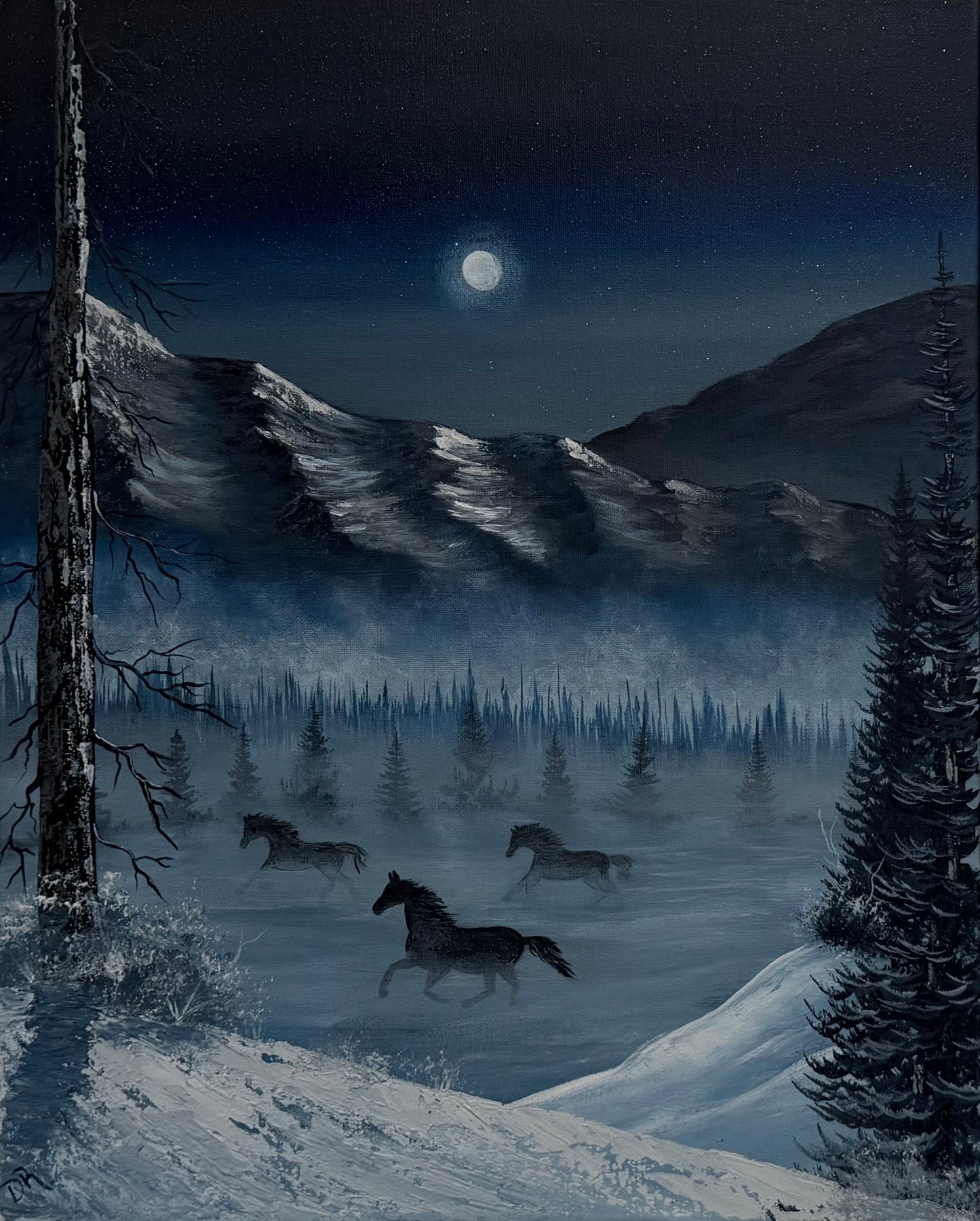 Painting # by Dani from Happily Painted - 16x20" Canvas - Full Moon Stallions in Winter
