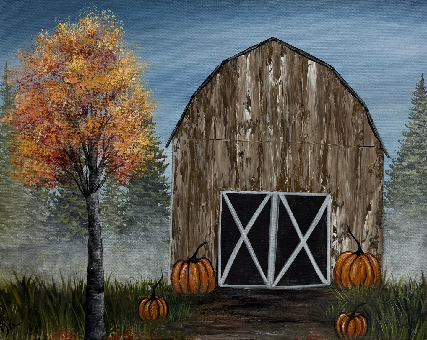 Painting # by Dani from Happily Painted - 16x20" Canvas - Autumn Barn with Pumpkins