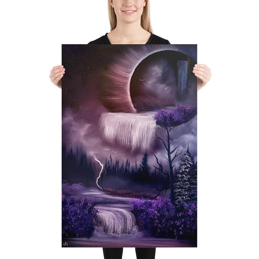 Poster Prints - Purple Full Moon Eclipse Portal Waterfall Landscape by PaintWithJosh - Paint With Josh