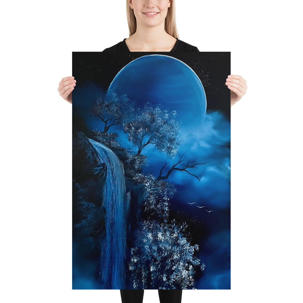 Poster Print - Blue Full Moon Waterfall Landscape by PaintWithJosh - Paint With Josh