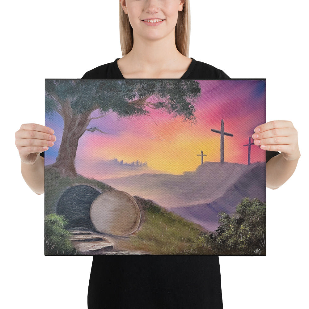 Canvas Print - 3 Crosses with Resurrection Tomb Easter Landscape by Paint With Josh - Paint With Josh