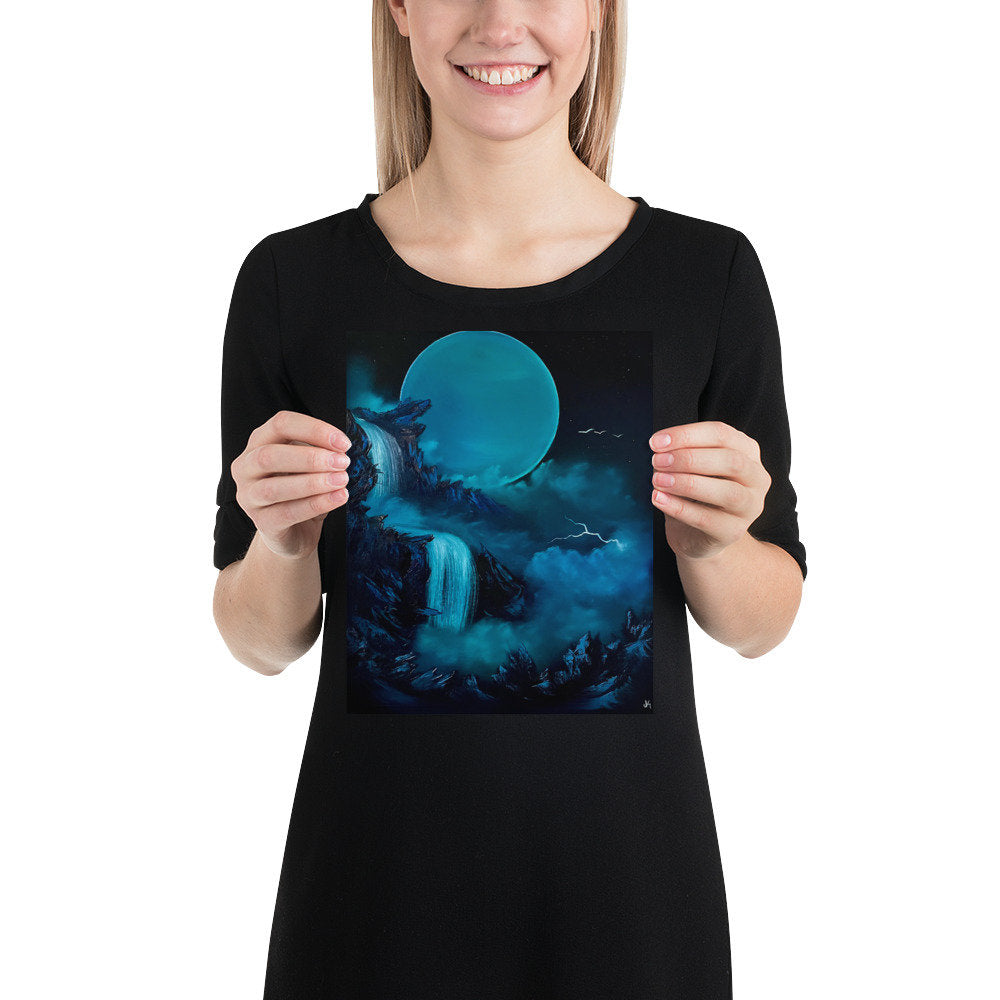 Poster Print - Full Moon Blue Waterfall Landscape by PaintWithJosh