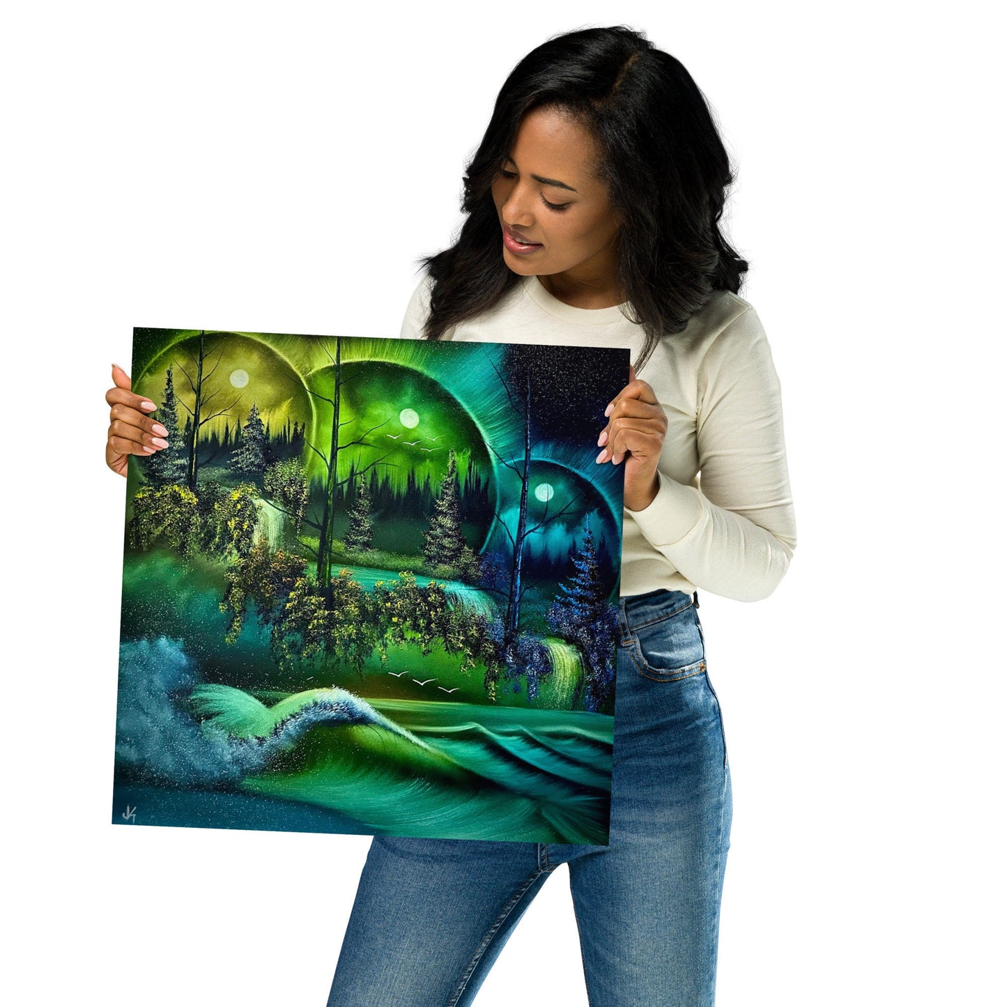 Poster Print - Green Triple Overlapping Portal Waterfall Seascape by PaintWithJosh