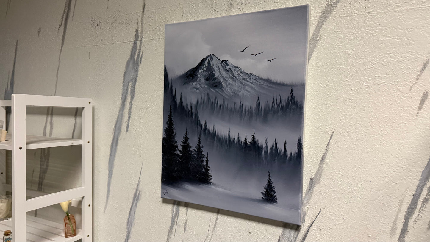 Painting #2164 - 16x20" Canvas - Black and White Mt Hood Landscape painted 11-29-25