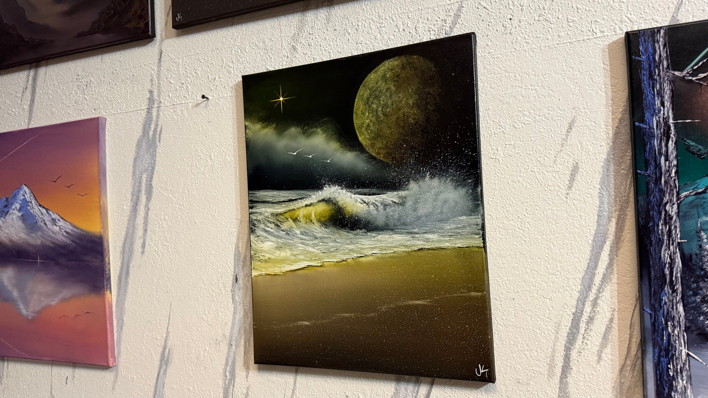Painting #2251 - 16x20" Canvas - Full Moon Seascape painted 1-22-26
