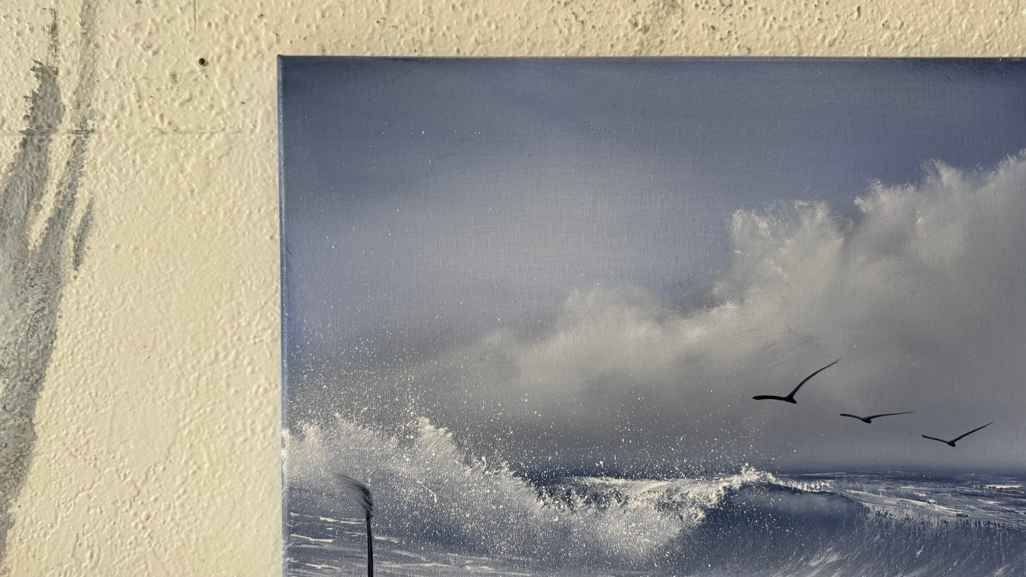 Painting #2152 - 16x20" Canvas - Cattails Seascape painted 11-18-25