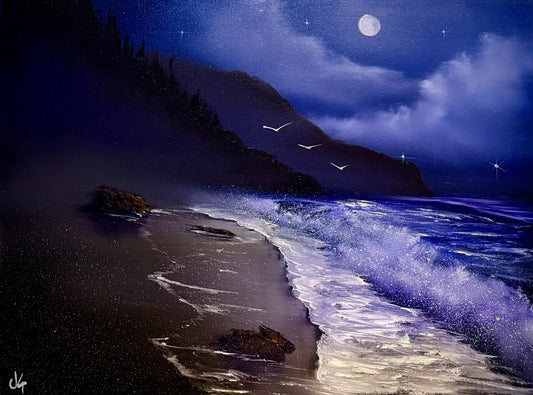 Painting #2093 - 18x24" Canvas - Oregon Coast Night Seascape painted 10-9-25