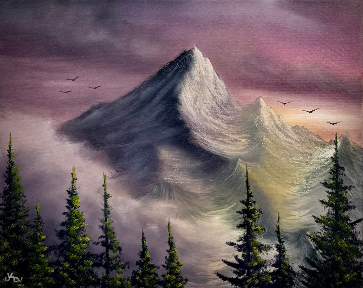 Painting #2608 - 16x20" Canvas - Sunset Mountain Landscape painted by Josh and Dani 9-19-26