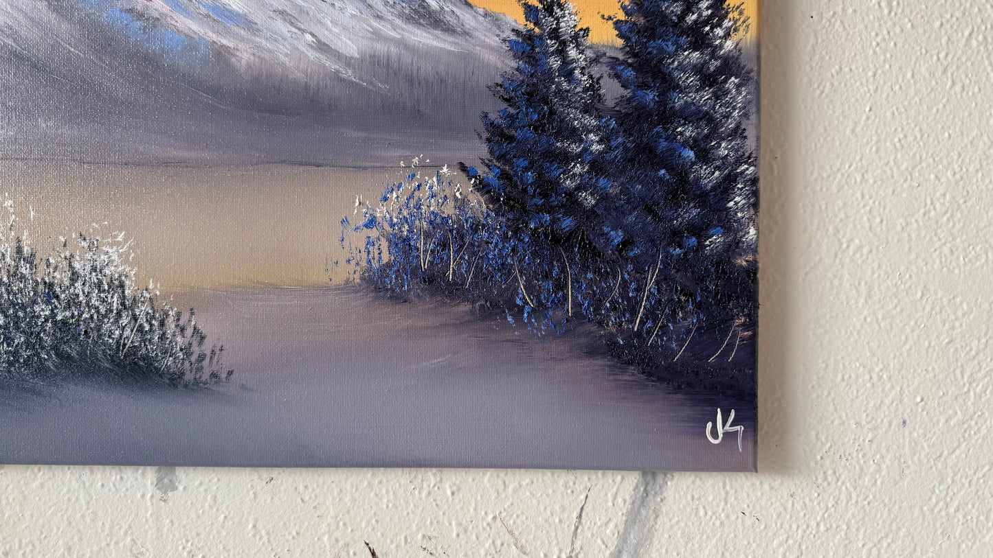 Painting #2145 - 16x20" Canvas - Christmas Tree Mountain Landscape with Fairy Lights painted 11-14-25
