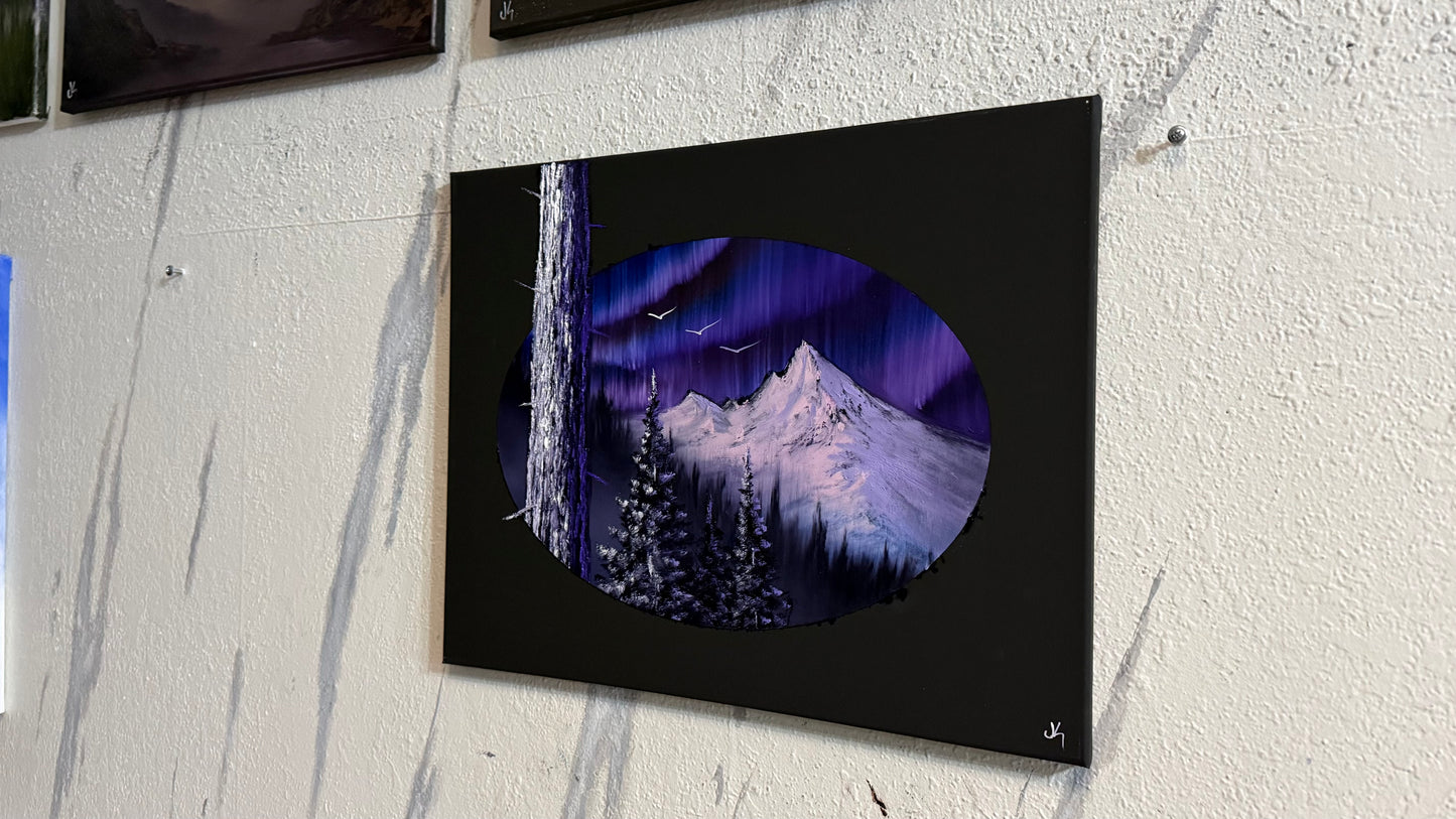Painting #2353 - 16x20" Canvas - Oval Northern Lights Mountain painted 3-23-26