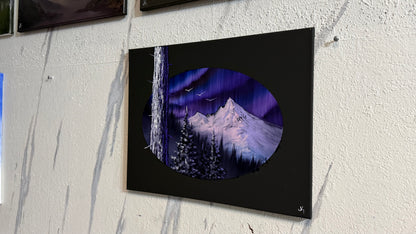 Painting #2353 - 16x20" Canvas - Oval Northern Lights Mountain painted 3-23-26