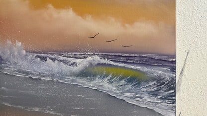 Painting #2291 - 20x24" Canvas - Sunset Seascape Crashing Wave painted 2-16-26
