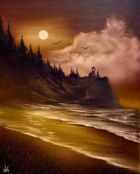 Painting #2223 - 16x20" Canvas - Golden Shores Lighthouse Cove painted 1-5-26