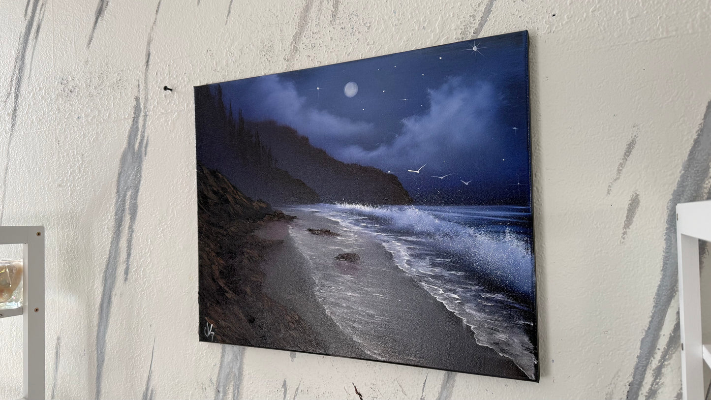 Painting #2100 - 16x20" Canvas - Night Rocky Seascape painted 10-13-25