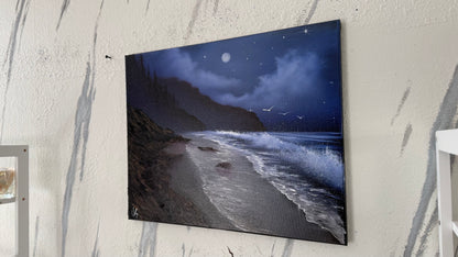 Painting #2100 - 16x20" Canvas - Night Rocky Seascape painted 10-13-25