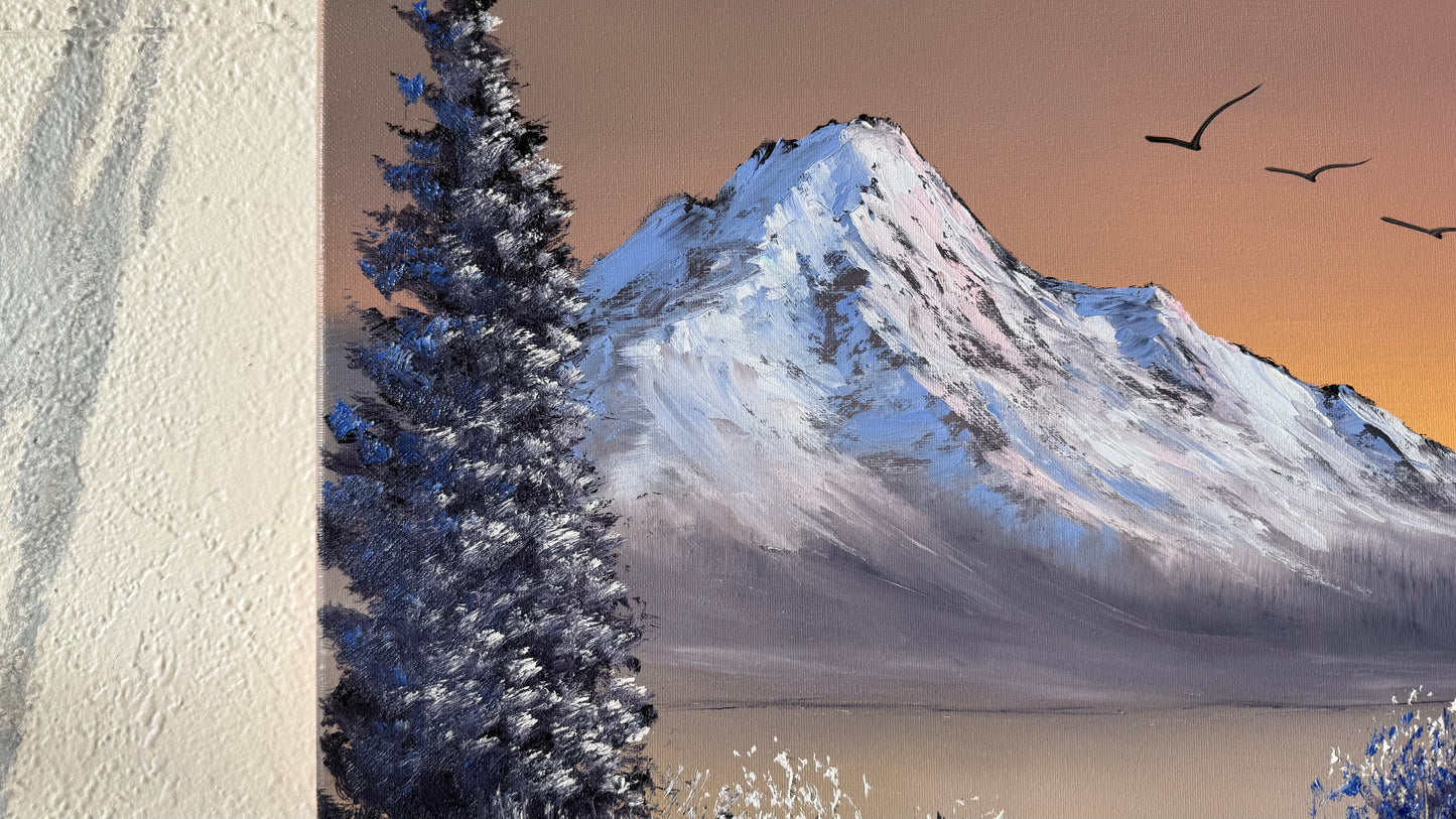 Painting #2145 - 16x20" Canvas - Christmas Tree Mountain Landscape with Fairy Lights painted 11-14-25
