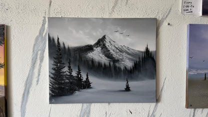 Painting #2432 - 16x20" Canvas - Black and White Mountain Landscape painted 5-8-26