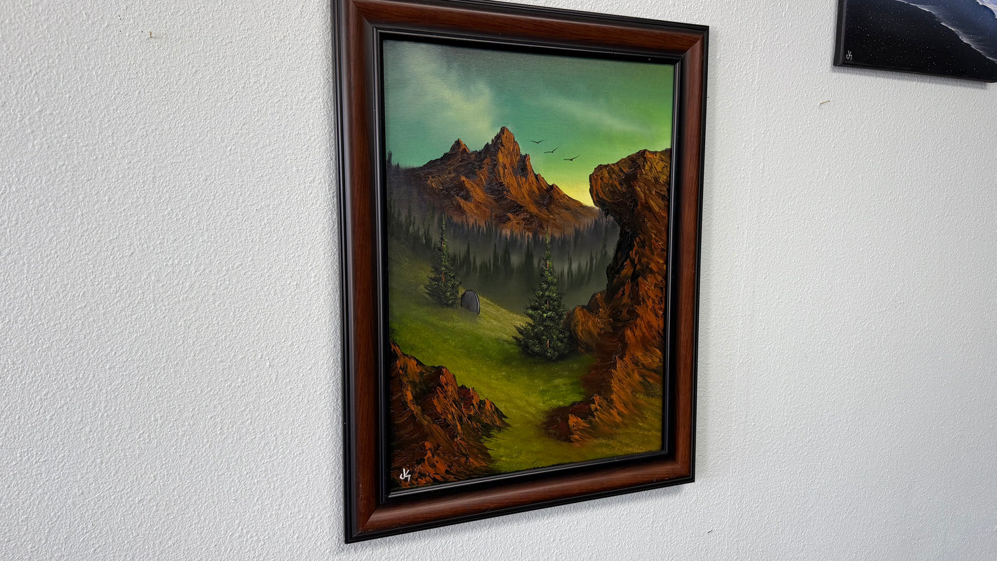 Painting #2556 - 18x24" Canvas - Framed Sunset Mountain Landscape painted 8-19-26