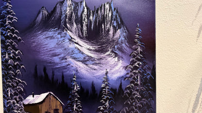 Painting #2114 - 18x24" Canvas - Forest Cabin Painting with Fairy Lights painted 10-23-25