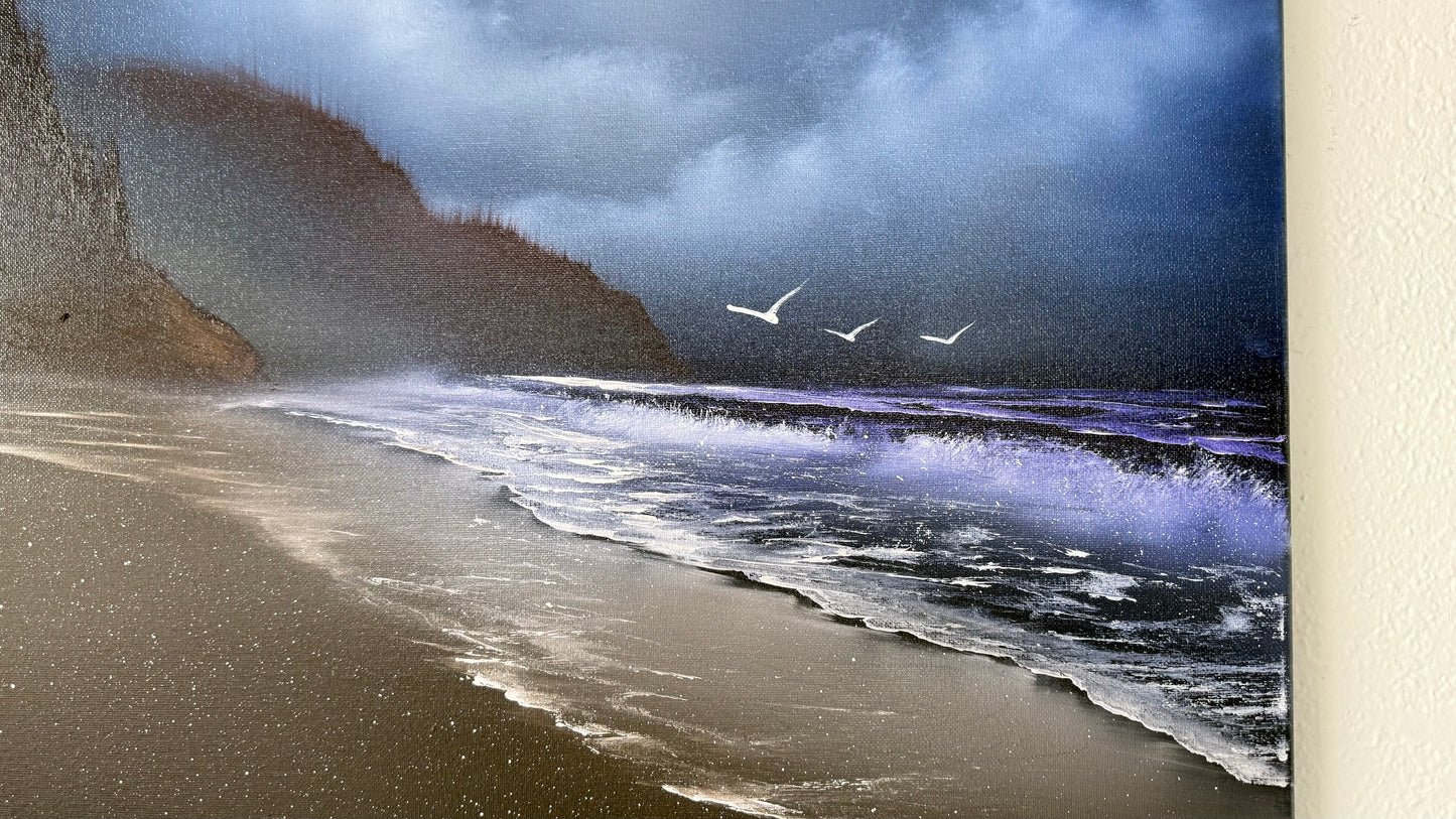 Painting #2094 - 16x20" Canvas - Night Oregon Coast Seascape painted 10-10-25