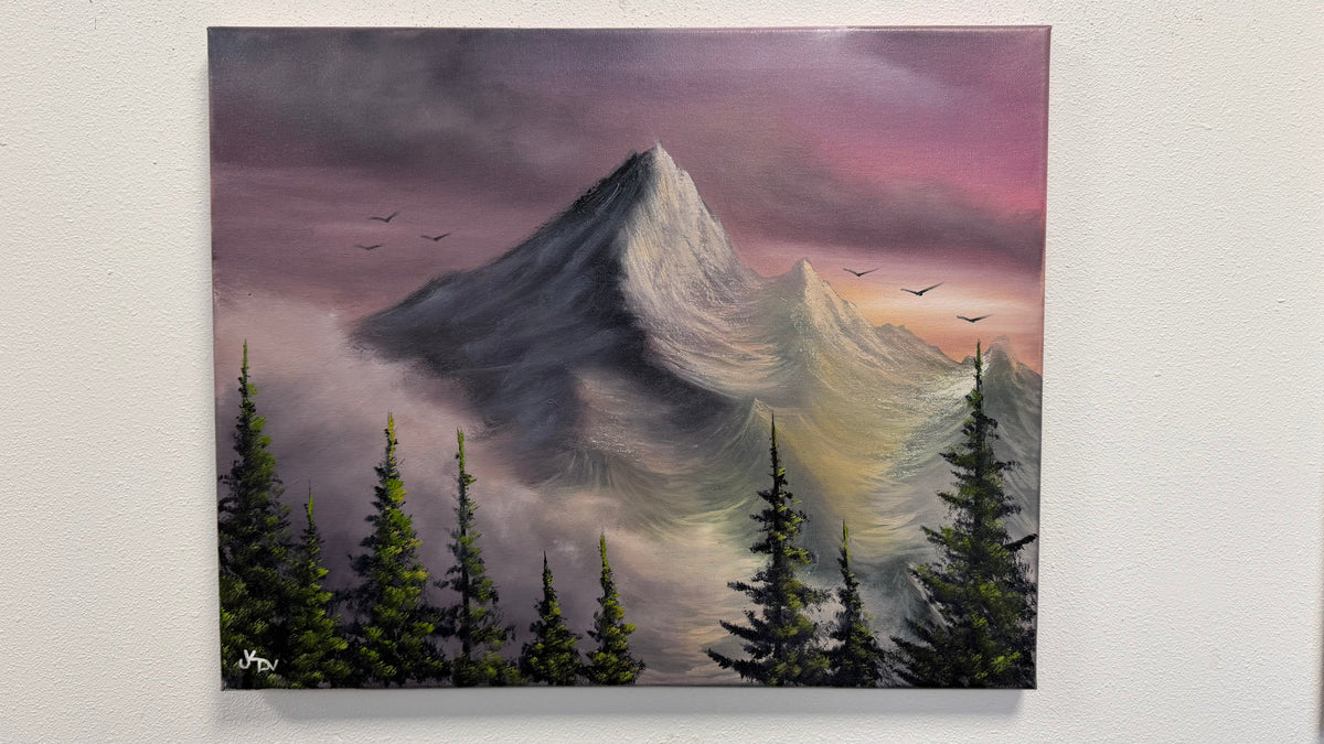 Painting #2608 - 16x20" Canvas - Sunset Mountain Landscape painted by Josh and Dani 9-19-26