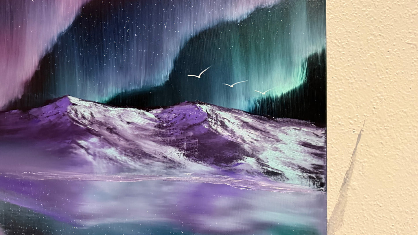 Painting #2185 - 16x20" Canvas - Aurora Mountain Landscape painted 12-13-25