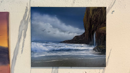 Painting #2235 - 16x20" Canvas - Coastal Waterfall Seascape painted 1-14-26