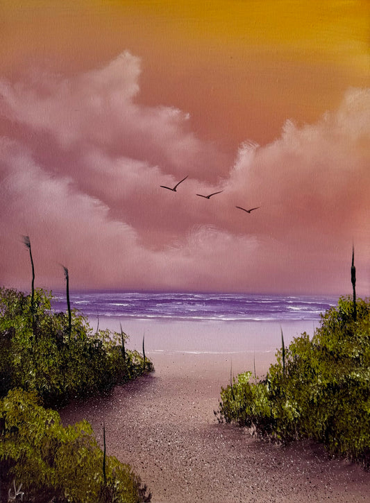 Painting #2120 - 18x24" Canvas - Sunset Cattails Seascape painted 10-25-25