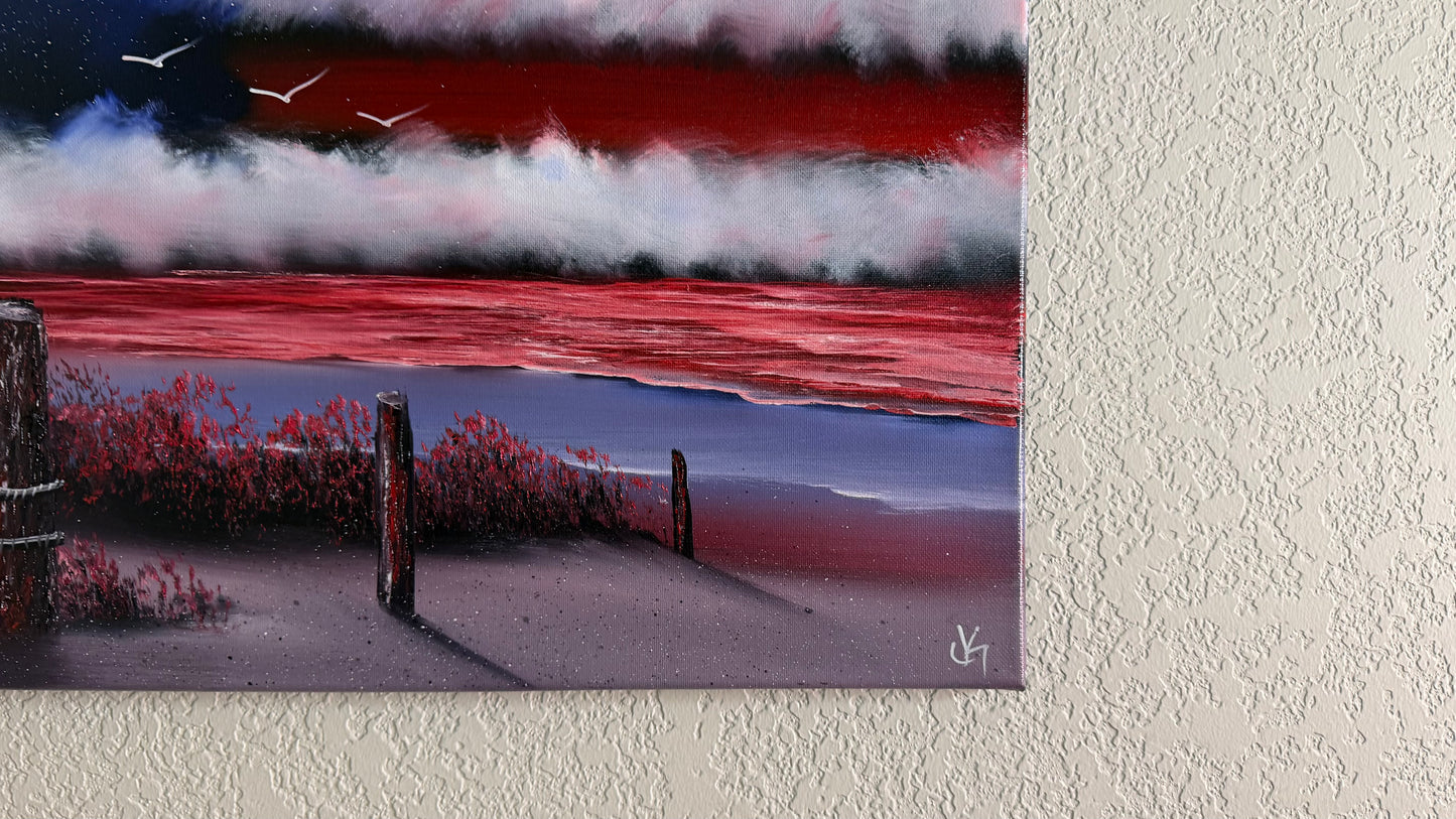 Painting #2501 - 16x20" Canvas - American Flag Seascape painted 7-3-26