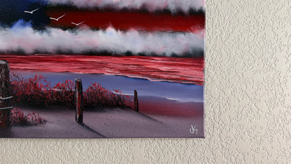 Painting #2501 - 16x20" Canvas - American Flag Seascape painted 7-3-26
