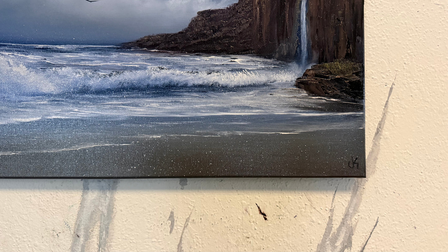 Painting #2235 - 16x20" Canvas - Coastal Waterfall Seascape painted 1-14-26