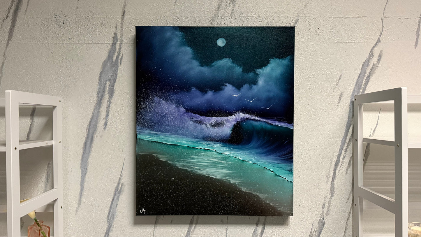 Painting #2170 - 20x24" Pro Series Canvas - Full Moon Seascape painted 12-4-25