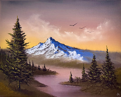 Painting #2389 - 16x20" Canvas - Sunset Mountain River Landscape painted 4-14-26