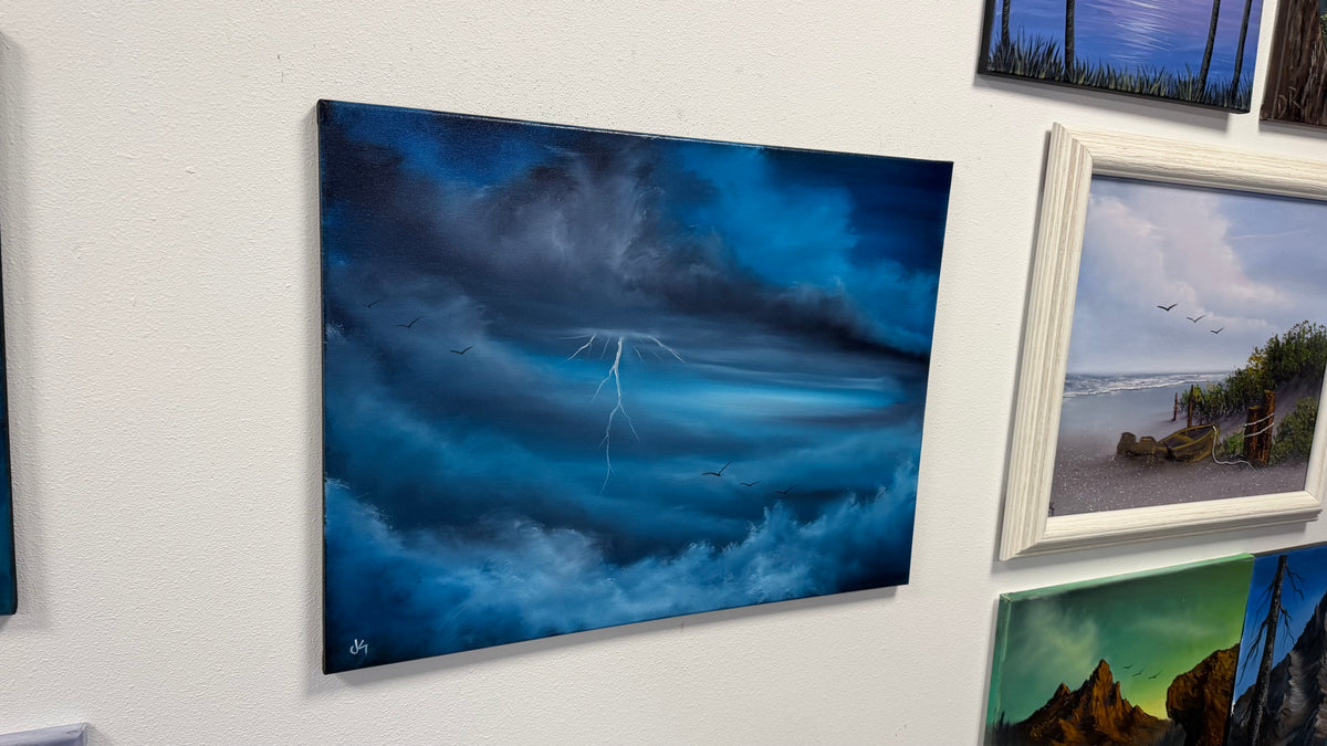 Painting #2598 - 18x24" Black Canvas - 40,000ft - Blue Cloudscape painted 9-13-26