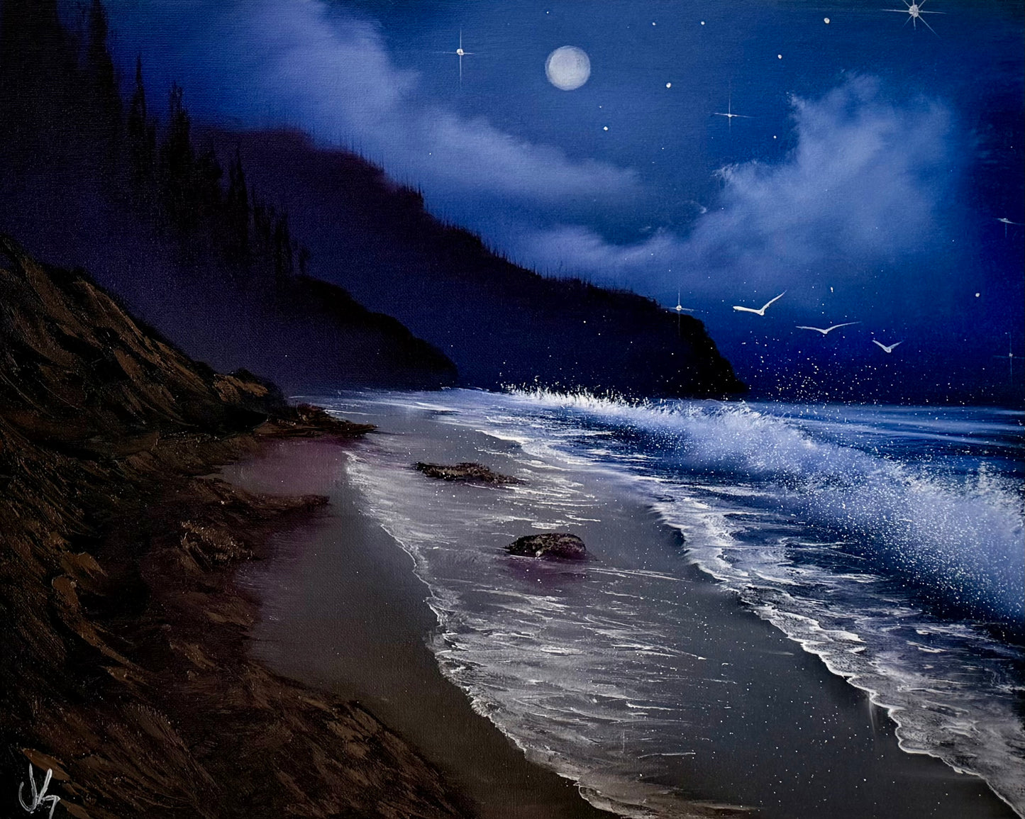 Painting #2100 - 16x20" Canvas - Night Rocky Seascape painted 10-13-25