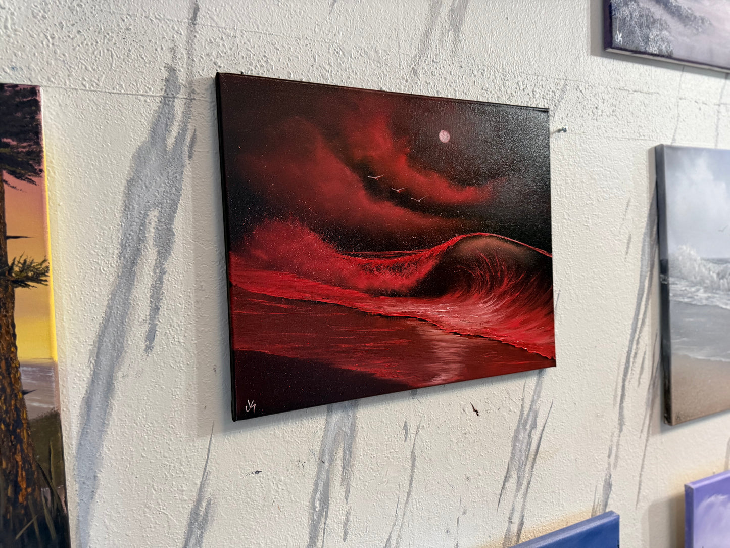 Painting #2392 - 16x20" Canvas - Blood Moon Seascape painted 4-16-26