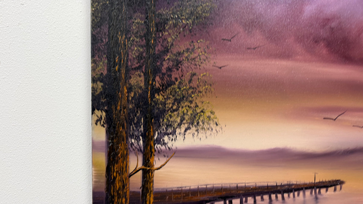 Painting #2657 - 18x24" Canvas - Sunset Lake Dock Landscape painted 10-19-26