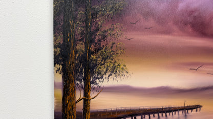 Painting #2657 - 18x24" Canvas - Sunset Lake Dock Landscape painted 10-19-26