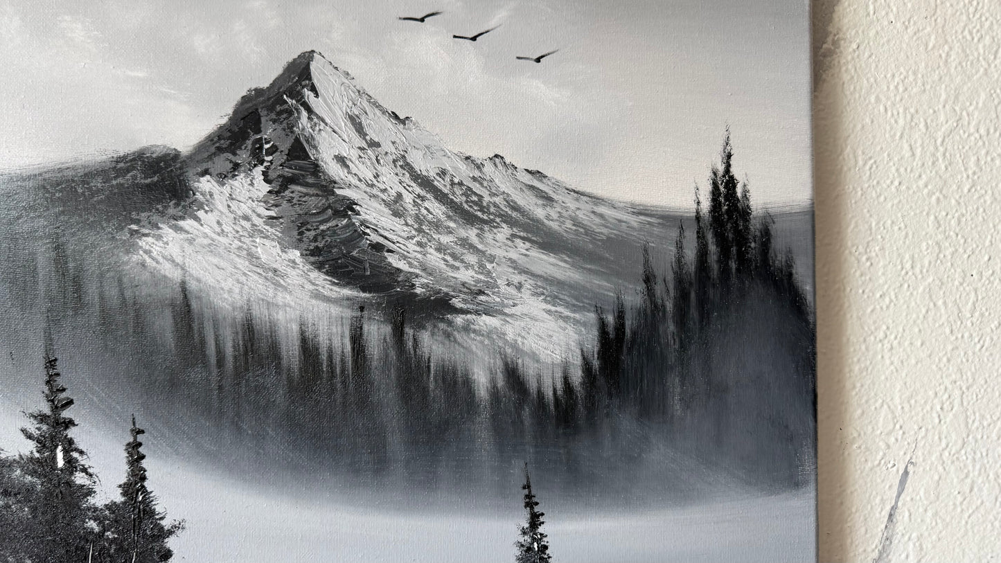 Painting #2432 - 16x20" Canvas - Black and White Mountain Landscape painted 5-8-26