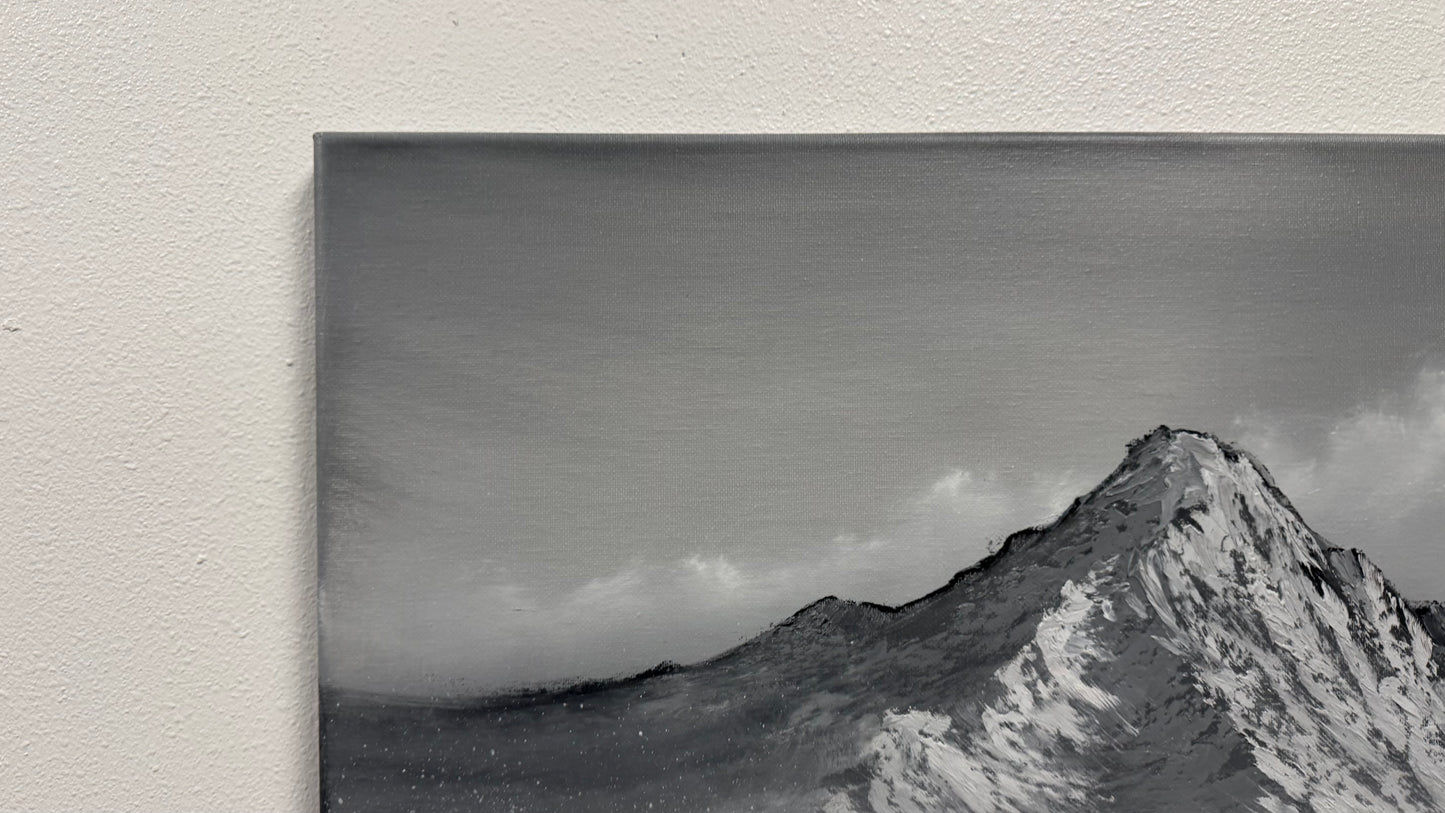 Painting #2536 - 20x24" Canvas - Black and White Mountain Seascape painted 7-31-26