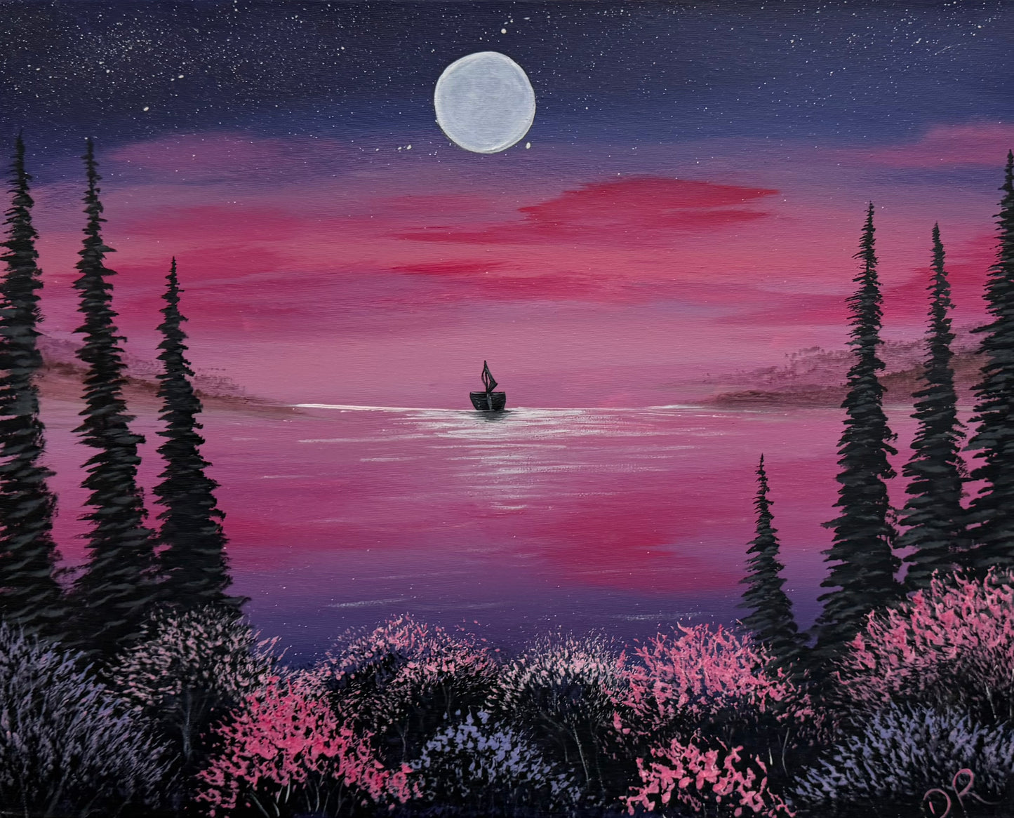 Painting # by Dani from Happily Painted - 16x20" Canvas - Boat on Crimson Lake