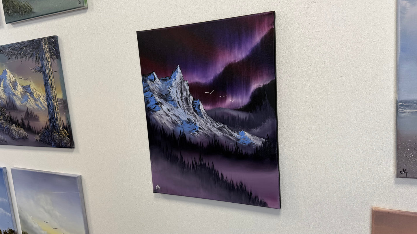 Painting #2559 - 16x20" Canvas - Northern Lights Mountain Landscape painted 8-21-26