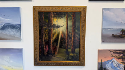 Painting #2521 - 20x24" Gold Framed Canvas - Sunset Forest Landscape painted 7-20-26