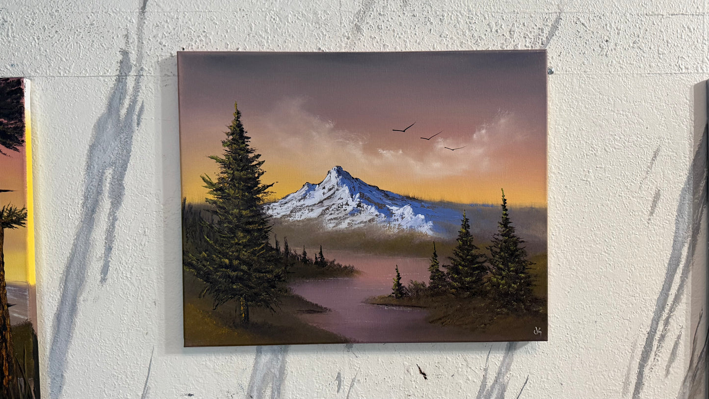 Painting #2389 - 16x20" Canvas - Sunset Mountain River Landscape painted 4-14-26