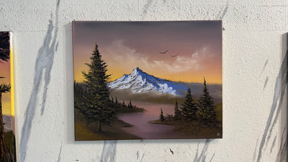 Painting #2389 - 16x20" Canvas - Sunset Mountain River Landscape painted 4-14-26