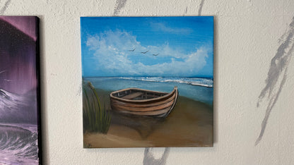 Painting #2369 - 14x14" Canvas - Row Boat Seascape painted 4-1-26